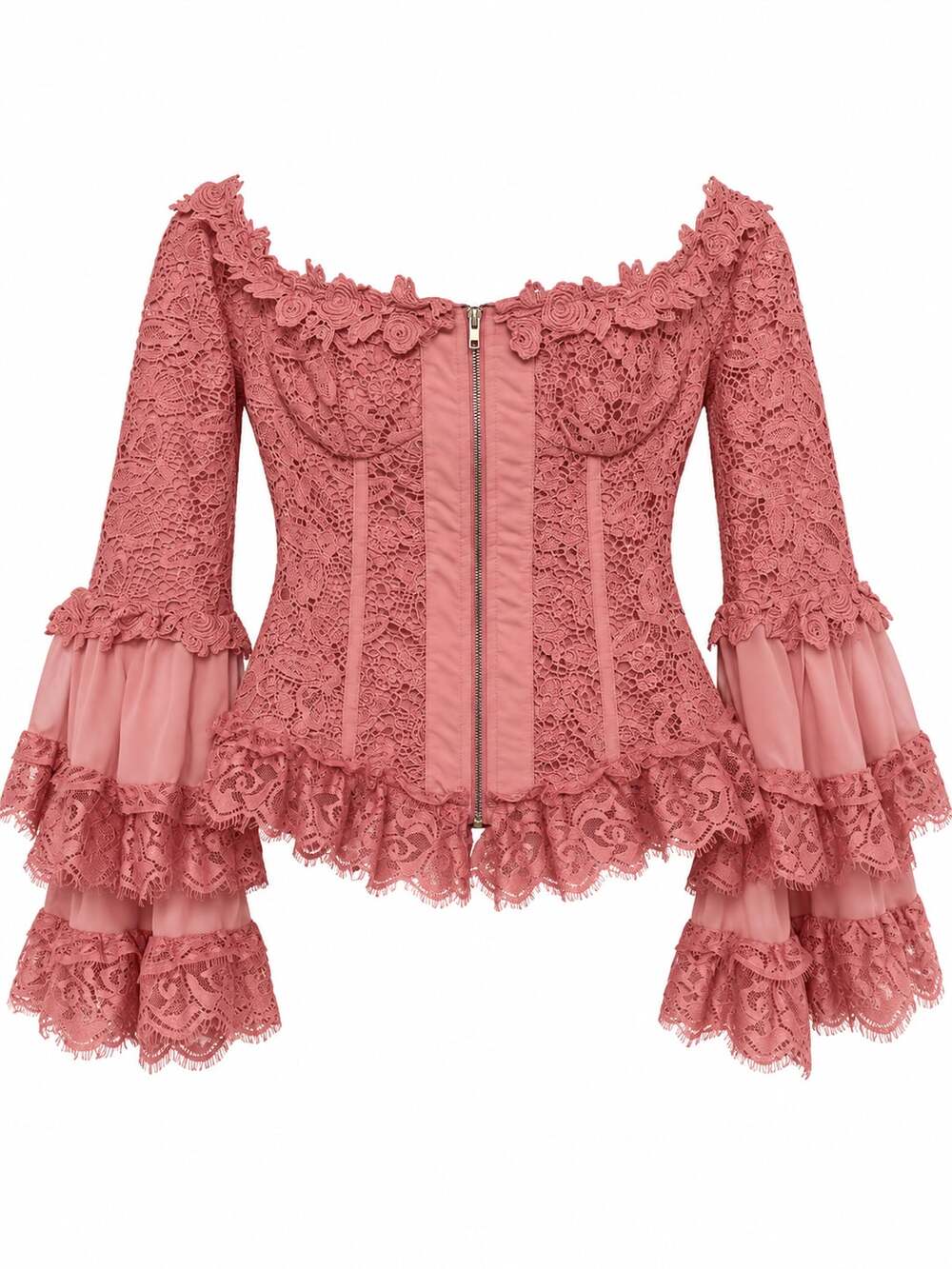 Women's Pink Lace Off-Shoulder Zip-Up Corset Peplum Blouse with Bell Sleeves